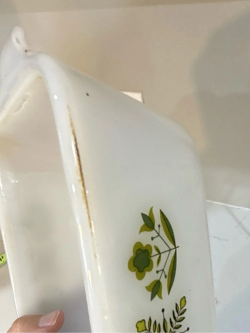 Fire King Vintage Glass Loaf Pan Green Floral Pattern White Yellow